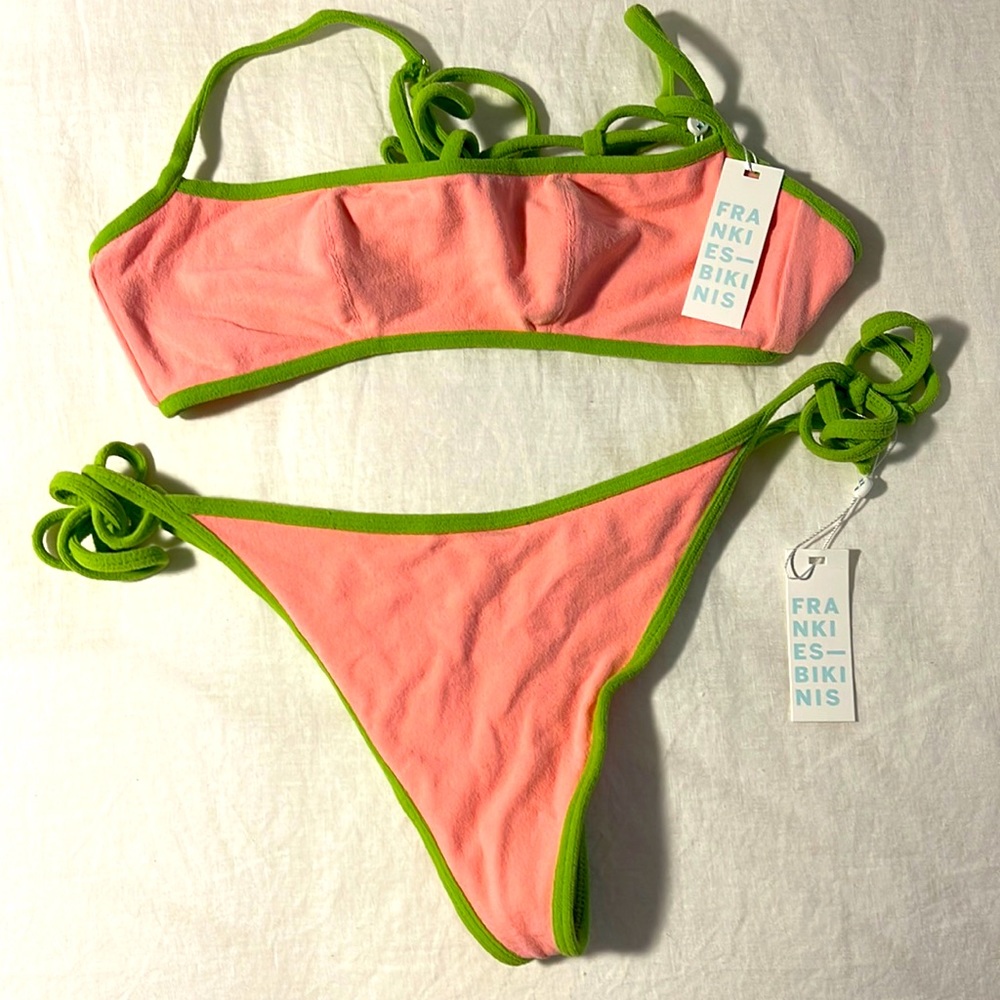 Brand new, never been worn Frankie’s Bikinis pink and green terry cloth suit!